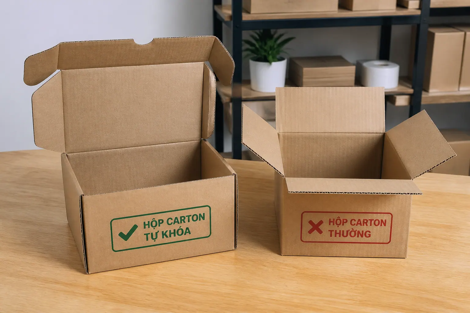 Bảng so sánh hộp carton tự khóa và hộp thường