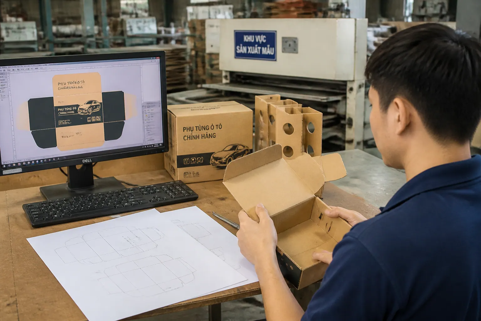 Bước 2: Thiết kế và sản xuất thử - bao bì carton phụ tùng ô tô