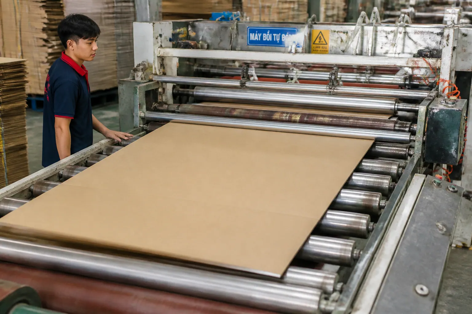 Bước 3: Bồi (ép) carton - bao bì carton bồi
