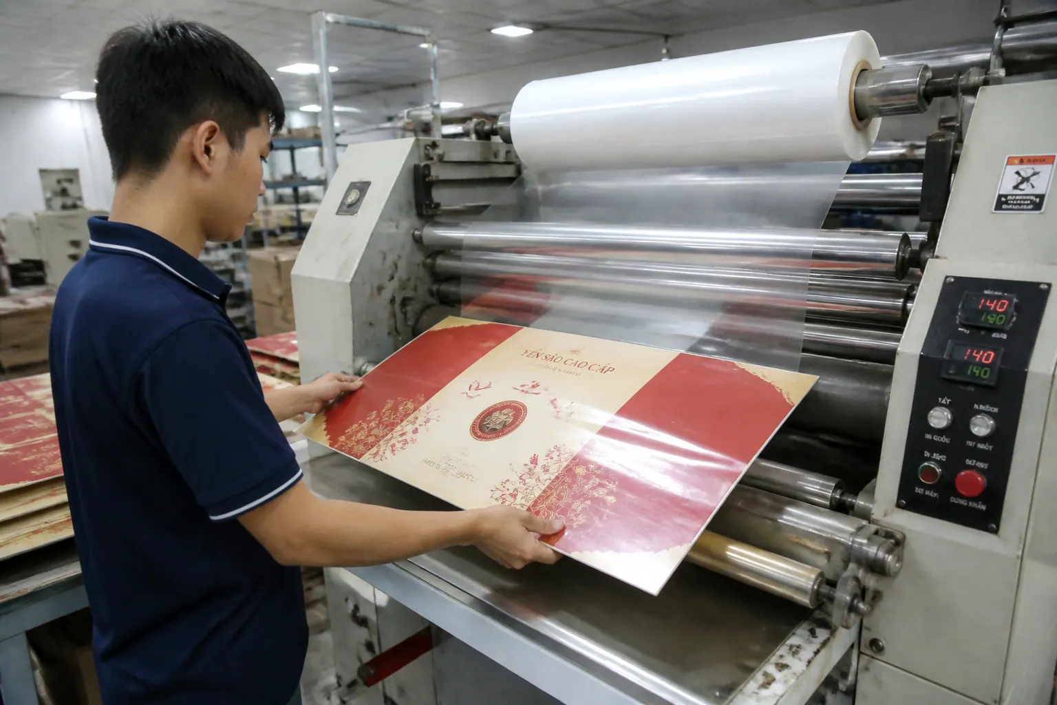 Bước 4: Gia công sau in (cán màng, ép kim, ...) - bao bì carton bồi