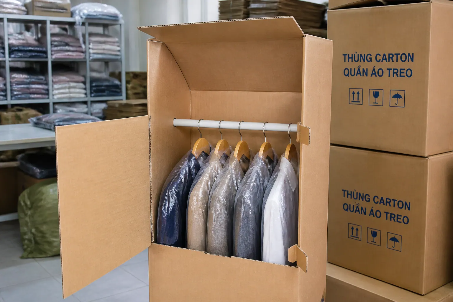 Cấu tạo và chất liệu thùng carton treo quần áo - thùng carton quần áo treo