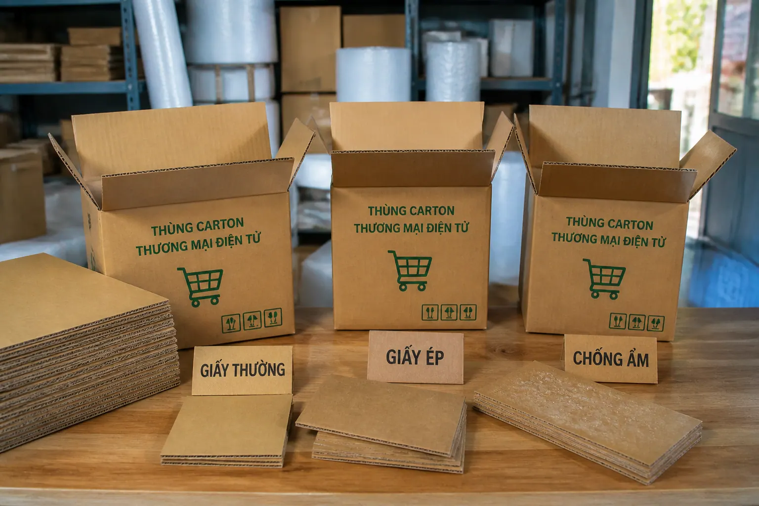 Chất liệu: giấy thường, giấy ép, chống ẩm - thùng carton thương mại điện tử