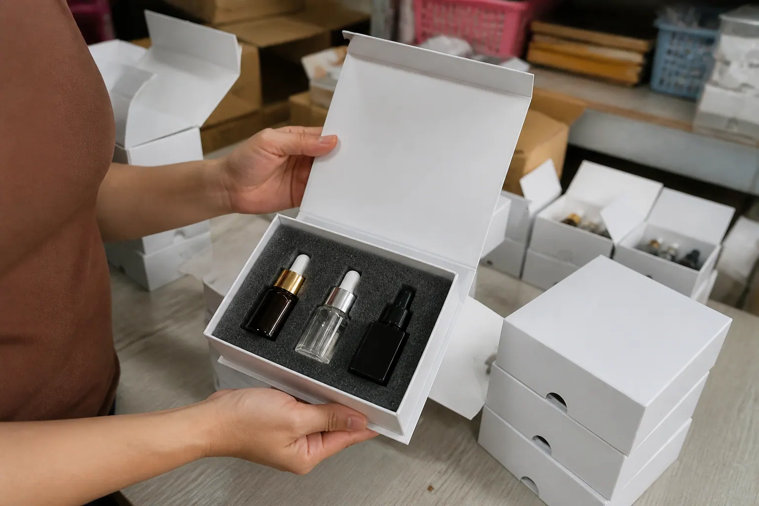 Hộp có ngăn, lót mút - hộp đựng serum