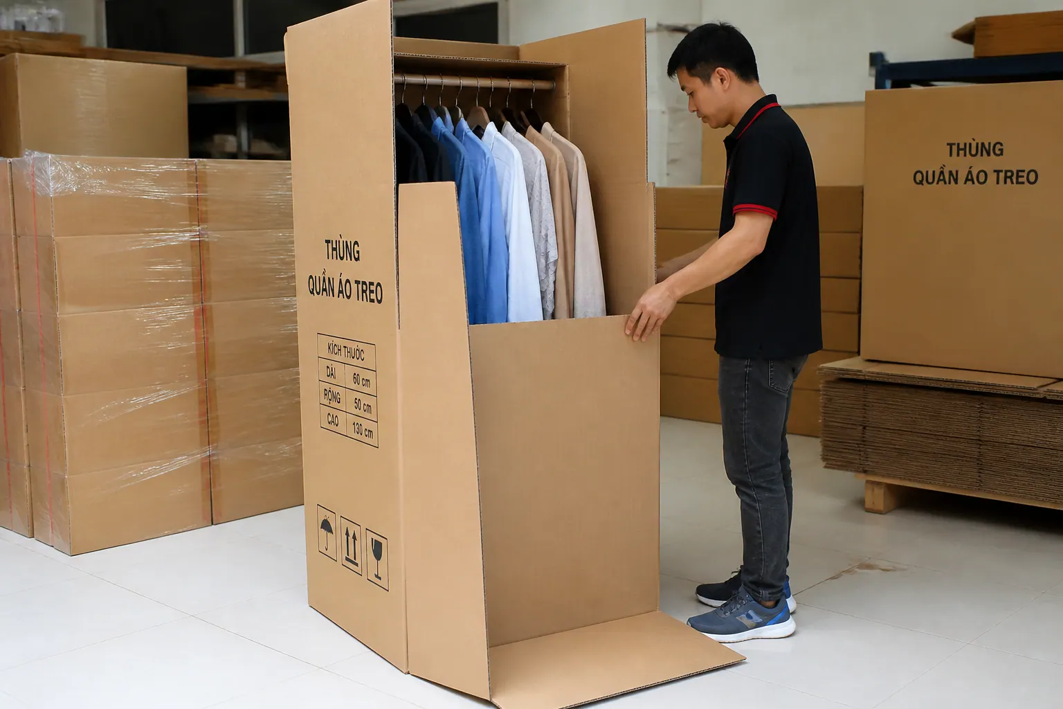 Kích thước tiêu chuẩn của thùng carton quần áo treo