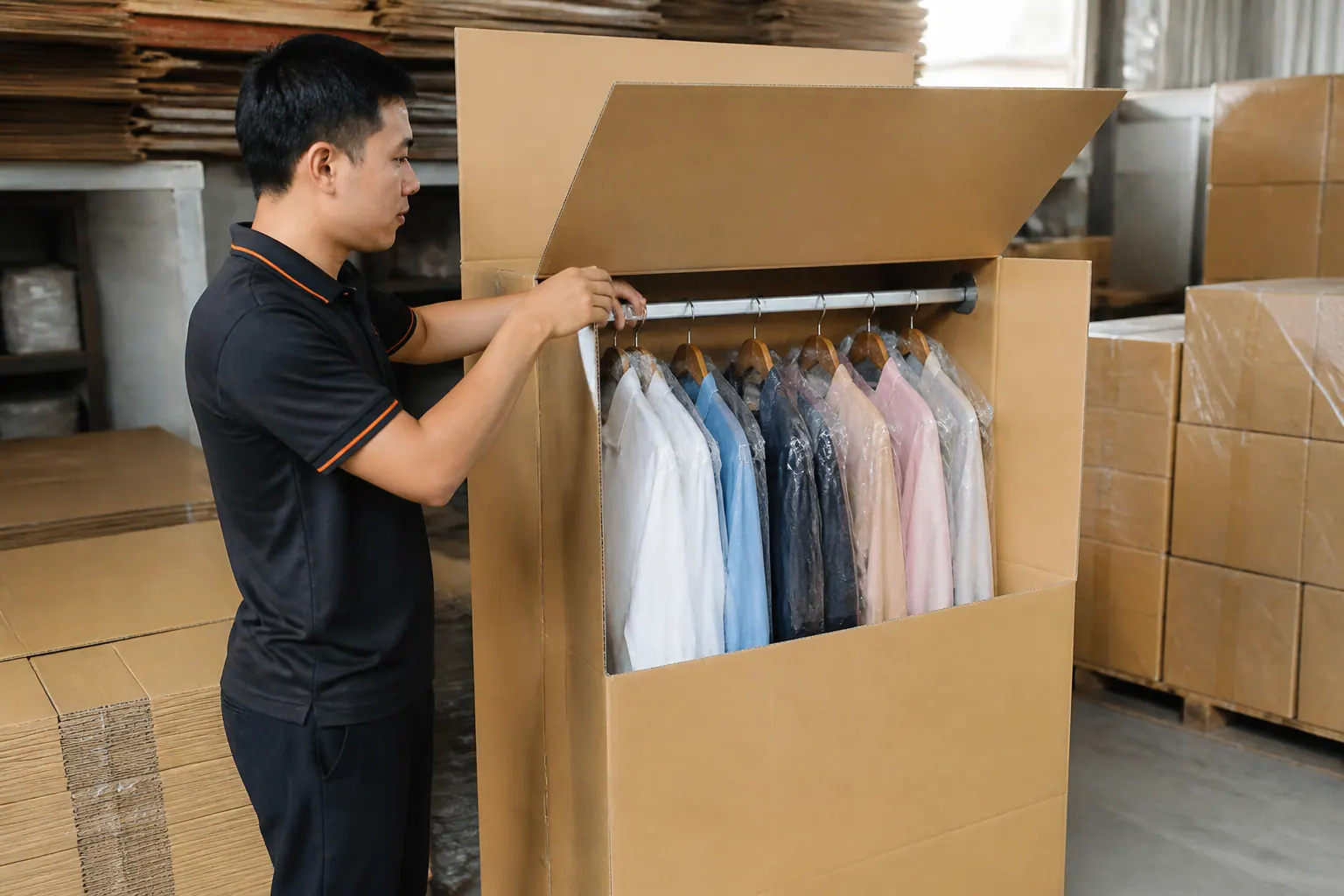 Lợi ích khi sử dụng thùng carton treo quần áo trong xuất khẩu - thùng carton quần áo treo