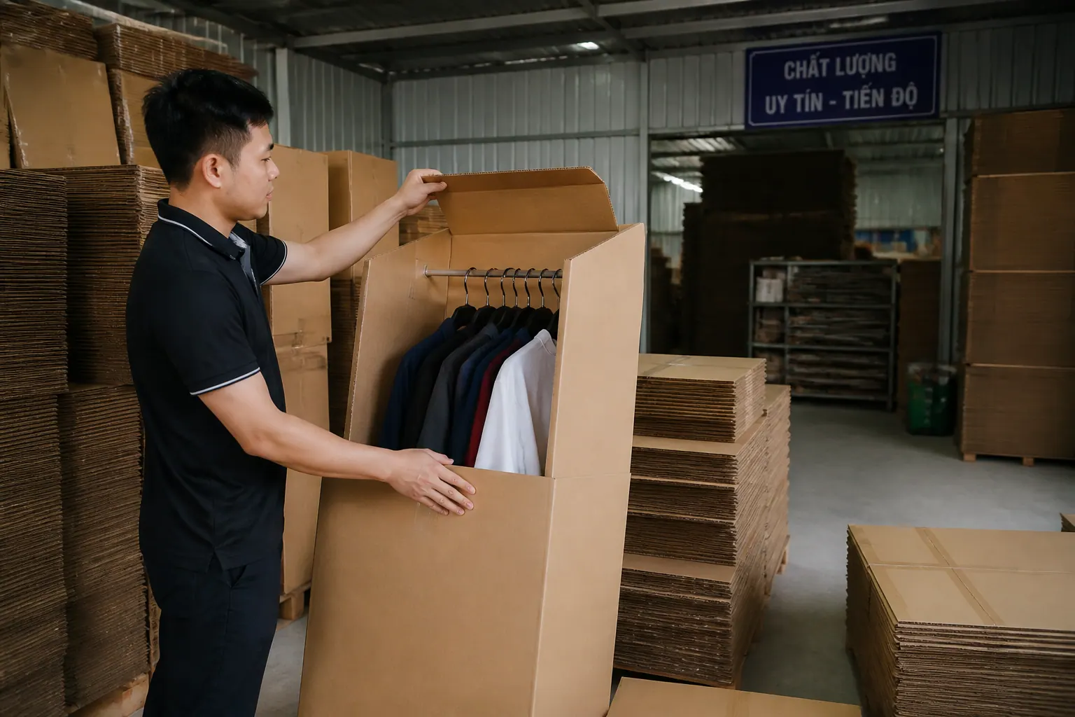 Mua thùng carton quần áo treo ở đâu uy tín?