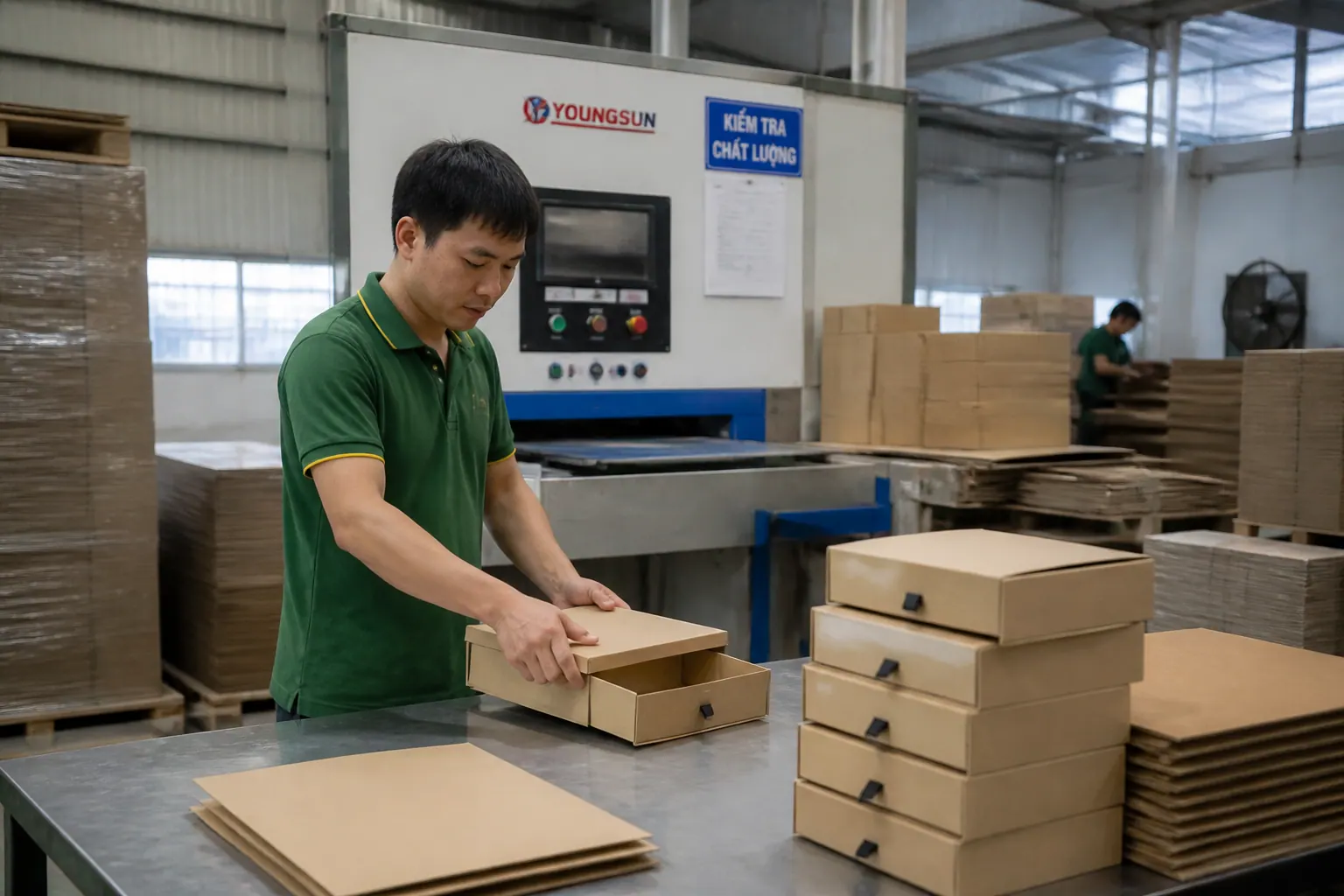 Quy <a >h/a>Xuất Và Tiêu Chuẩn Chất Lượng – hộp carton ngăn kéo” title=”Quy Trình Sản Xuất Và Tiêu Chuẩn Chất Lượng | hộp carton ngăn kéo” loading=”lazy”></figure>
<p>Quy trình sản xuất hộp carton ngăn kéo thường bao gồm các bước: thiết kế, in ấn, cán màng, bế hộp, gấp dán. Mỗi công đoạn đều cần được kiểm tra kỹ lưỡng để đảm bảo hộp đạt tiêu chuẩn. Một số tiêu chuẩn chất lượng cần lưu ý:</p>
<ul>
<li><strong>Độ chính xác kích thước:</strong> Sai số cho phép thường là ±1mm để ngăn kéo trượt dễ dàng nhưng không quá lỏng.</li>
<li><strong>Độ bám dính của keo:</strong> Keo phải chắc chắn, không bị bong tróc sau thời gian sử dụng.</li>
<li><strong>Chất lượng in ấn:</strong> Màu sắc đồng đều, không bị lem, bong tróc.</li>
<li><strong>Độ cứng của hộp:</strong> Hộp không bị móp méo  Tìm hiểu thêm về .khi xếp chồng hoặc vận chuyển.</li>
</ul>
<p>Nhà cung cấp chuyên nghiệp sẽ có quy trình kiểm tra chất lượng nghiêm ngặt trước khi giao hàng.</p>
<h2><span id=