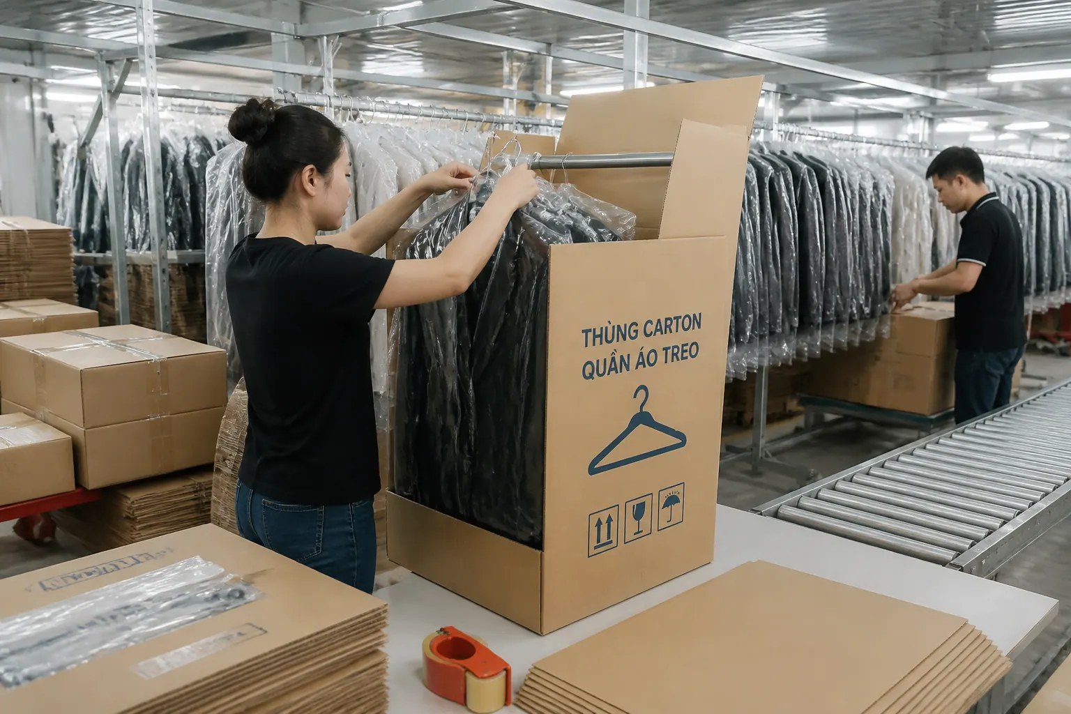 Quy trình đóng gói quần áo treo bằng thùng carton chuẩn xuất khẩu - thùng carton quần áo treo