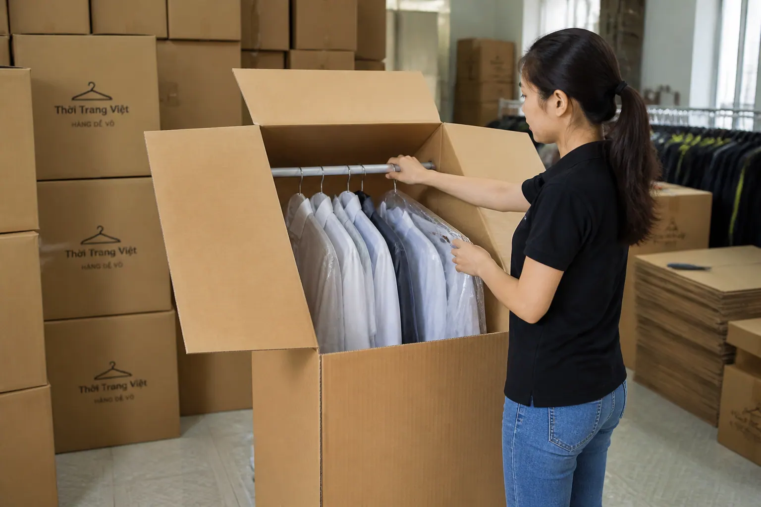 Thùng carton quần áo treo là gì? Tại sao nên dùng?