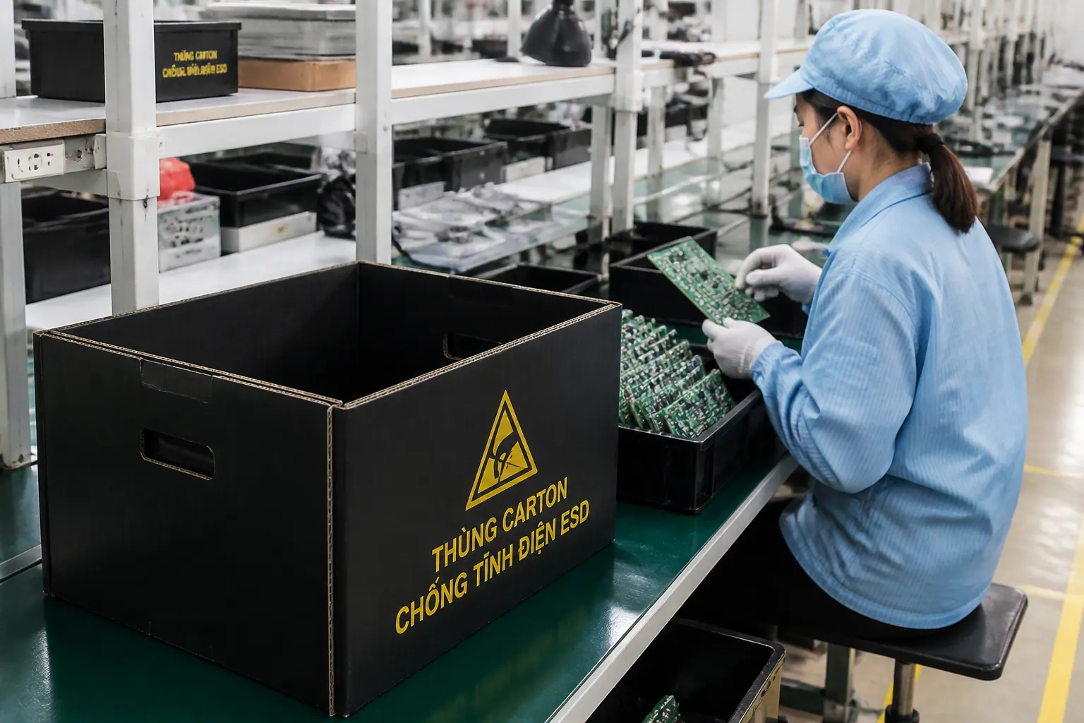 Ứng dụng của thùng carton ESD trong nhà máy điện tử - thùng carton chống tĩnh điện ESD